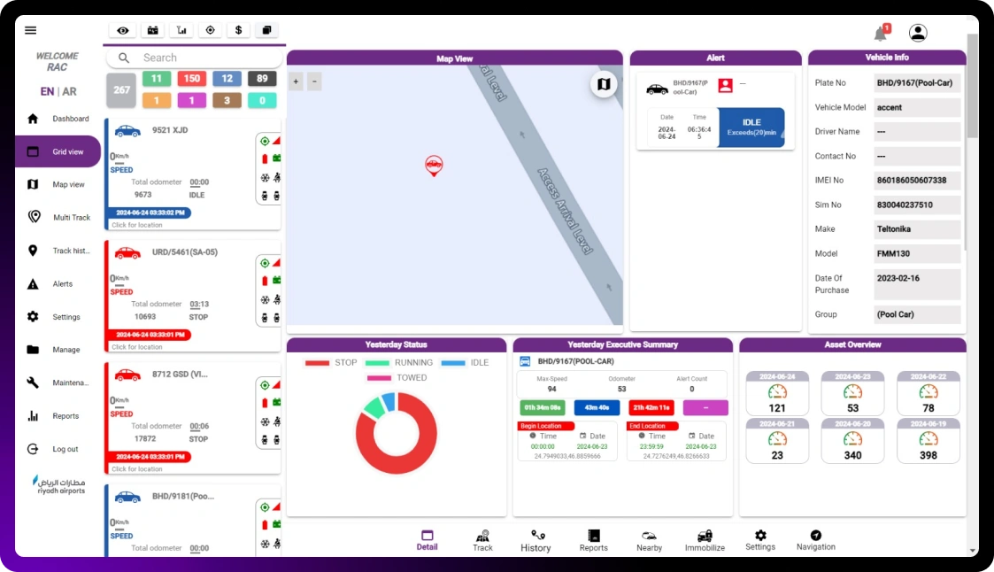 Vehicle tracking software grid view 